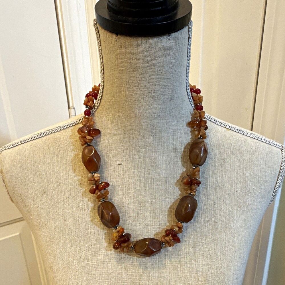 Statement Beaded Stone Bracelet Brown Red Oval Stones Barrel Clasp 11 in Unisex